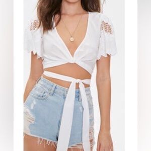 White Floral Crochet-Trim Wraparound Crop Top Size Medium